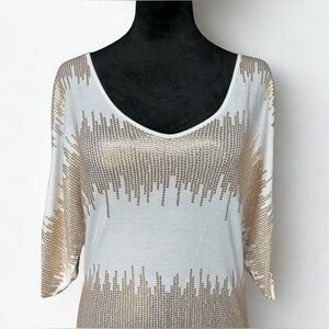 BEBE White and Gold Cold Shoulder Women's Top